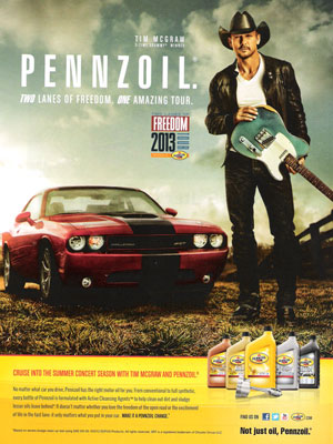 Tim McGraw Pennzoil celebrity endorsement ads